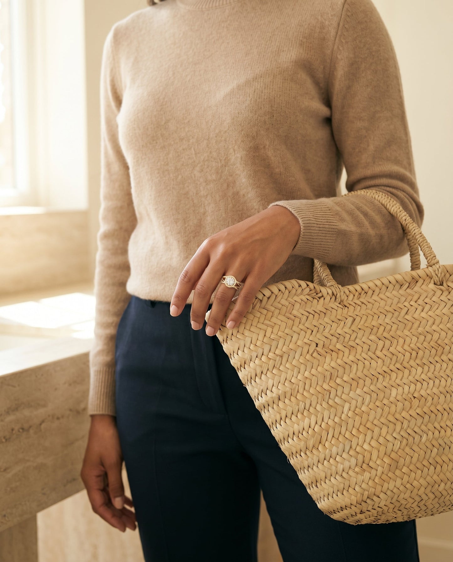 Round Brilliant, Open Intertwined Pavé Row, in 18K Yellow Gold – lifestyle shot | RockHer