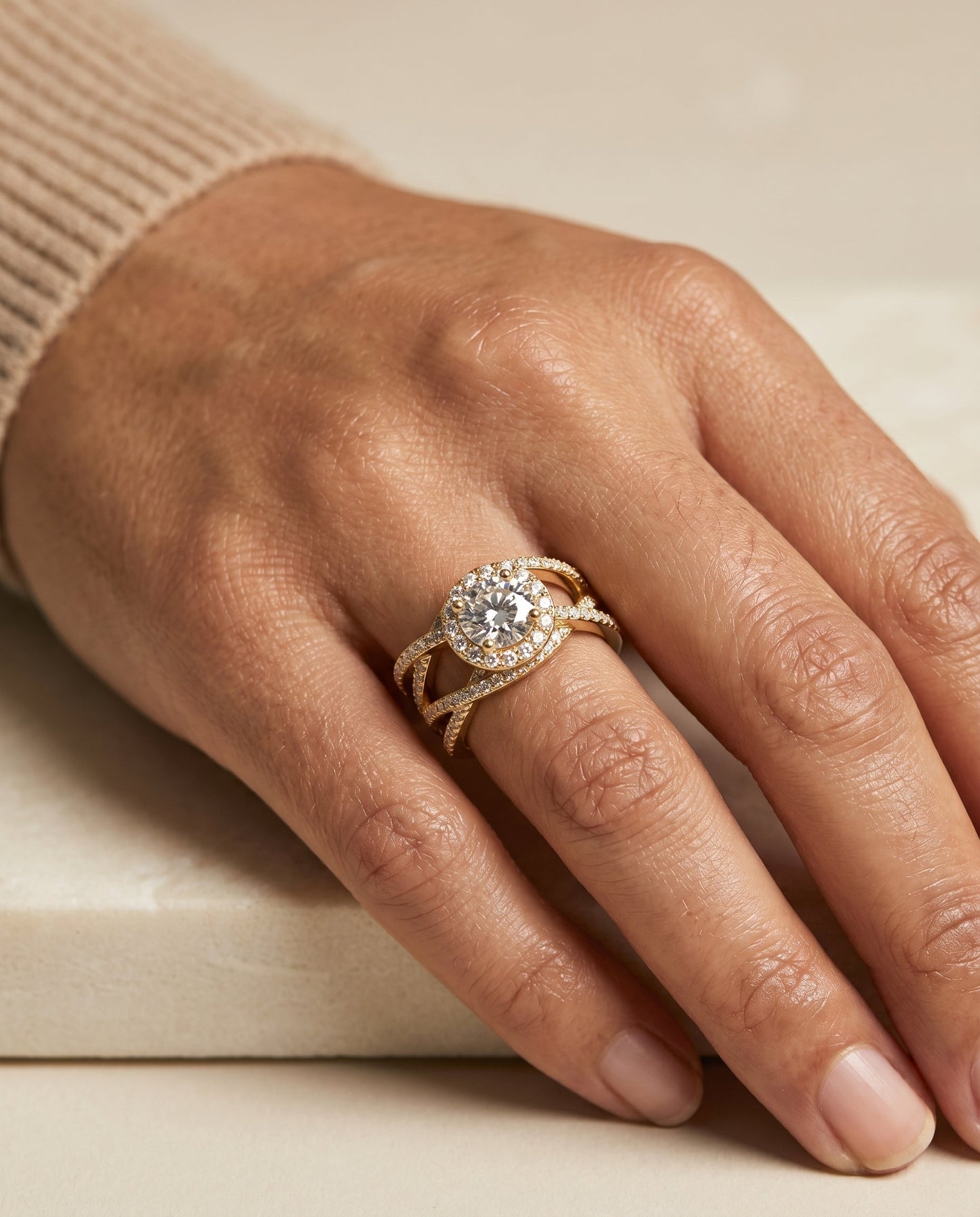 Round Brilliant, Open Intertwined Pavé Row, in 18K Yellow Gold – lifestyle shot | RockHer