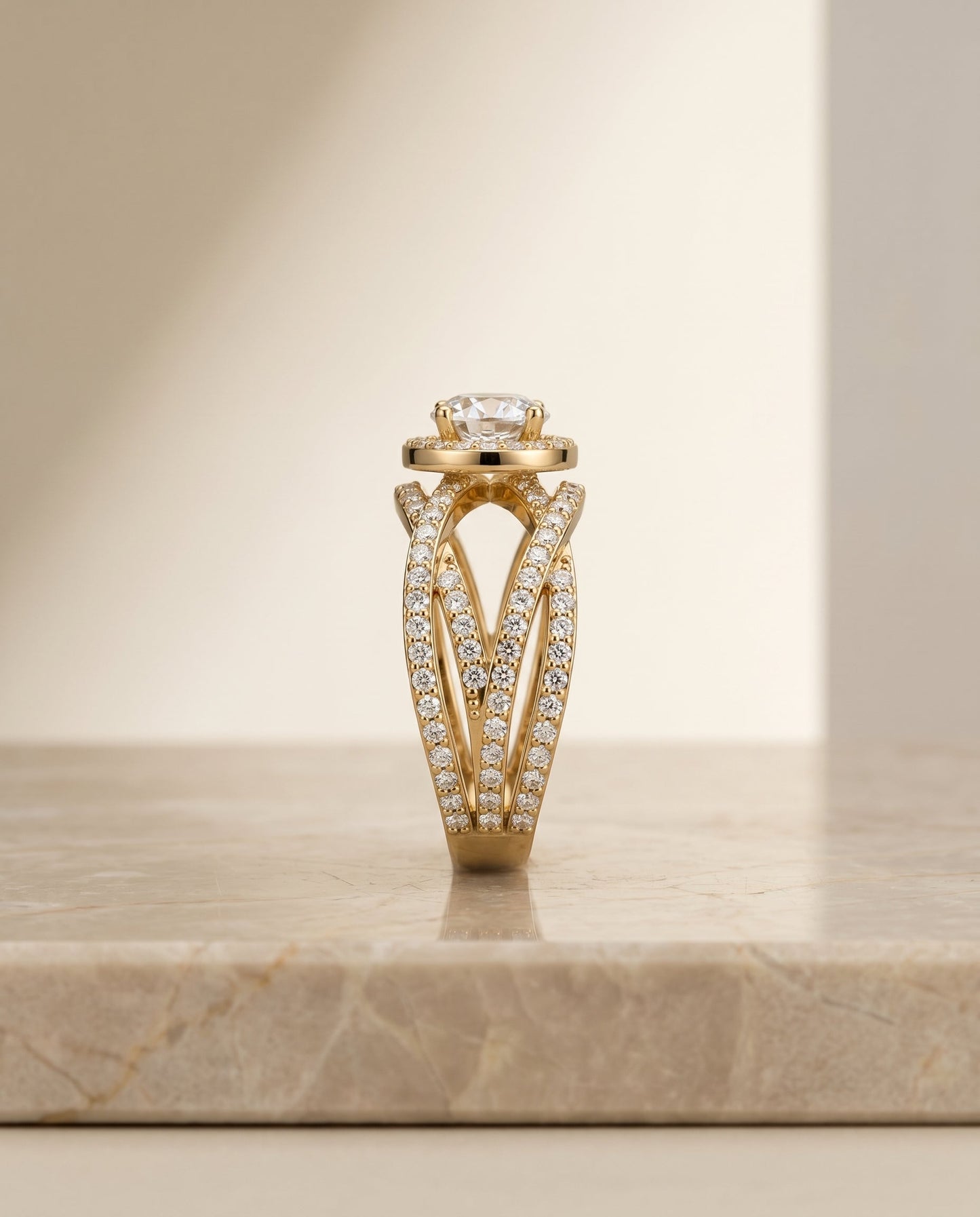 Round Brilliant, Open Intertwined Pavé Row, in 18K Yellow Gold – side profile | RockHer