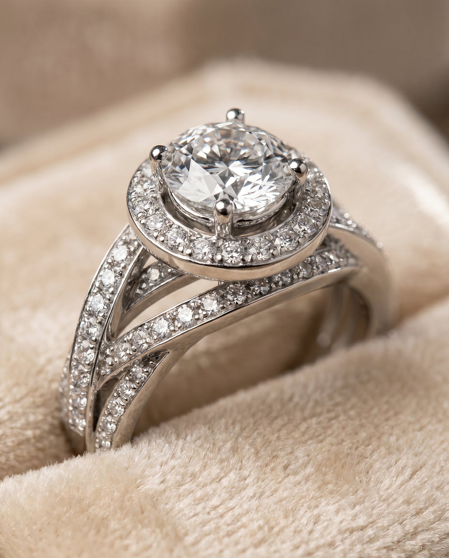 Round Brilliant, Open Intertwined Pavé Row, in Platinum – detail view | RockHer