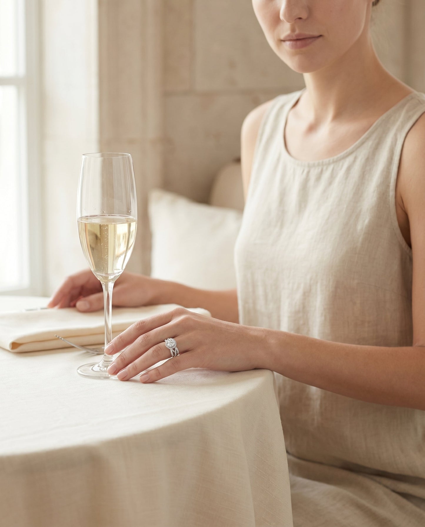 Round Brilliant, Open Intertwined Pavé Row, in Platinum – lifestyle shot | RockHer