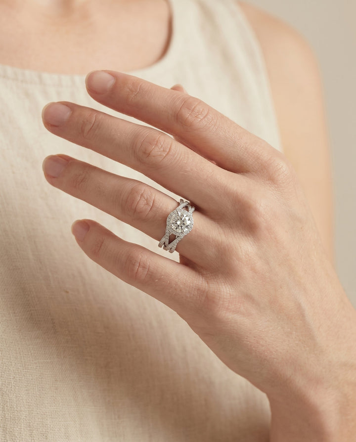 Round Brilliant, Open Intertwined Pavé Row, in Platinum – lifestyle shot | RockHer
