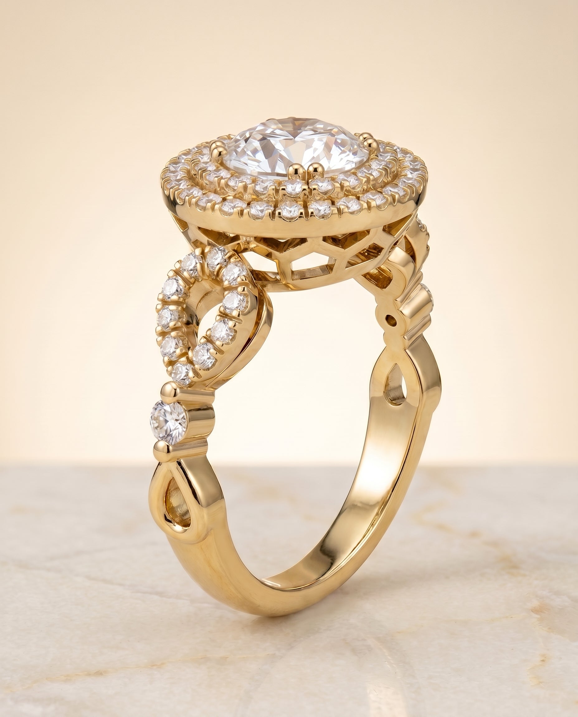 The Calypso Pavé Halo Engagement Ring Setting for Round Diamonds in 18K Yellow Gold | RockHer