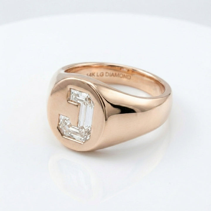 Women's Oval lab-grown diamond letter signet ring in 14K Rose Gold, letter J, product photography