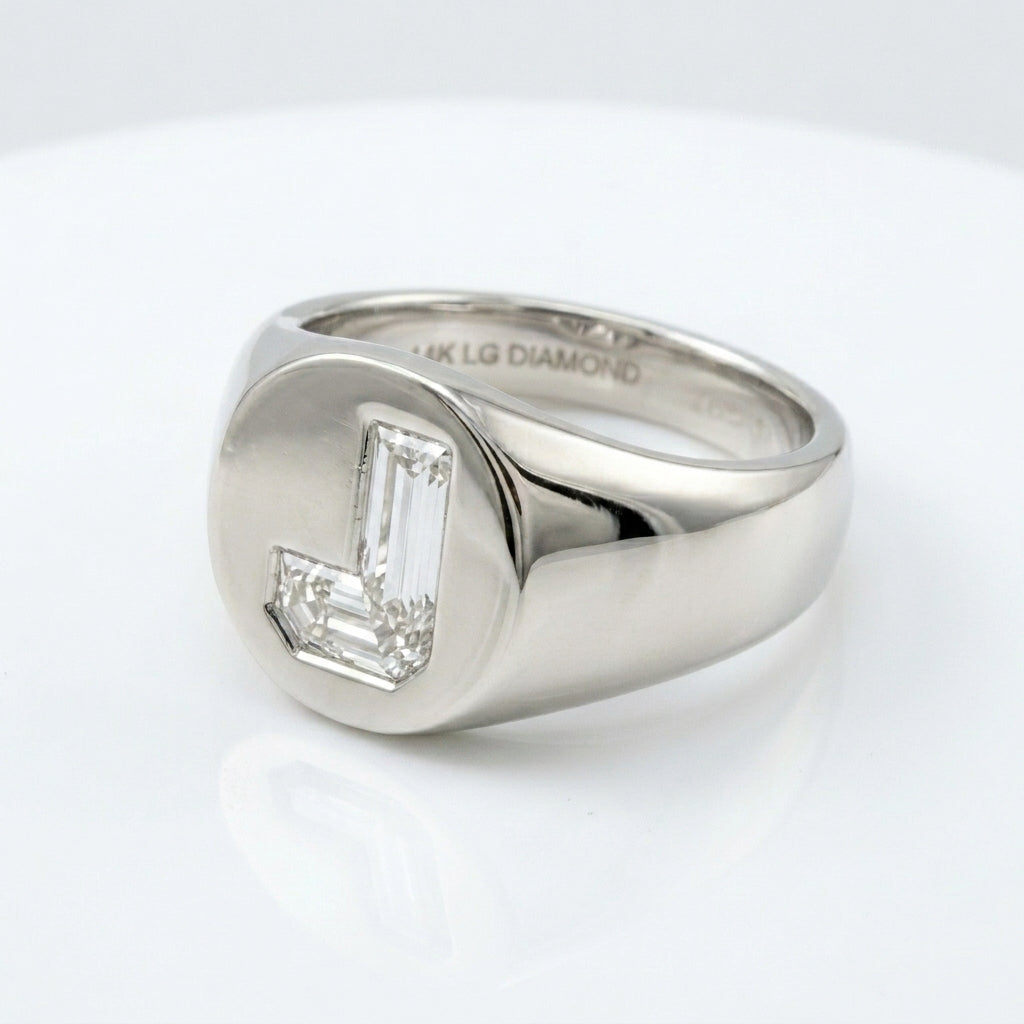 Women's Oval lab-grown diamond letter signet ring in 14K White Gold, letter J, product photography