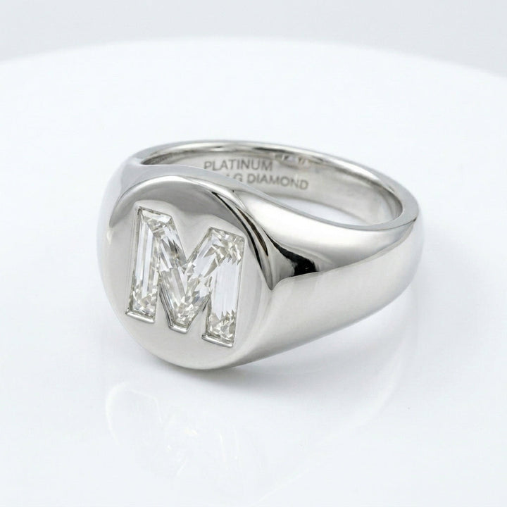 Women's Oval lab-grown diamond letter signet ring in Platinum, letter M, product photography
