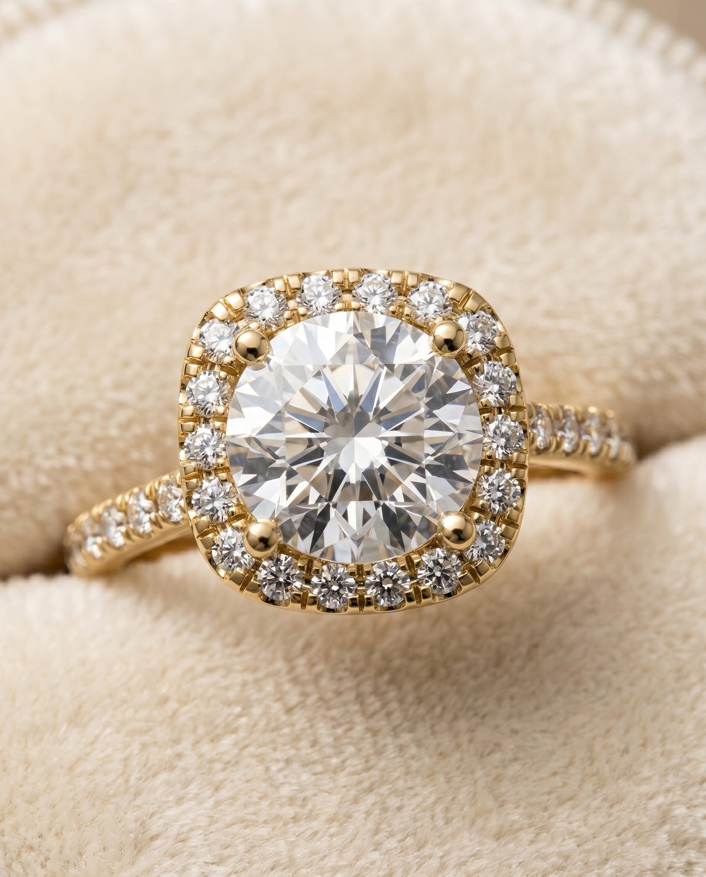 Round Brilliant, Pavé Halo, in 18K Yellow Gold, pave setting – detail view | RockHer
