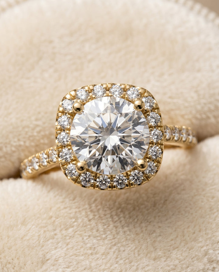 Round Brilliant, Pavé Halo, in 18K Yellow Gold, pave setting – detail view | RockHer
