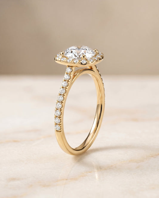 Round Brilliant, Pavé Halo, in 18K Yellow Gold, pave setting – front view | RockHer