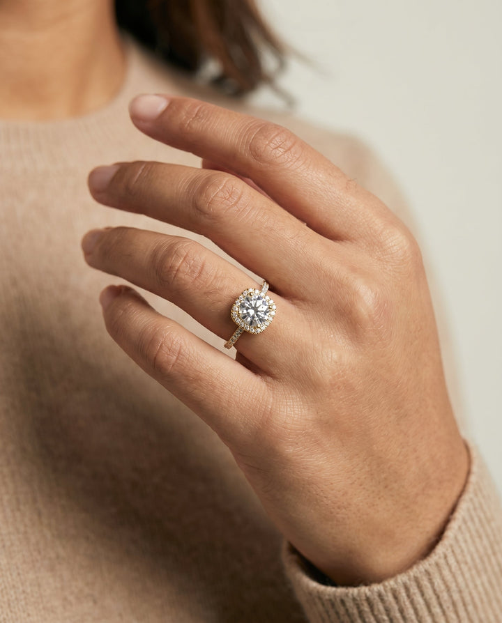 Round Brilliant, Pavé Halo, in 18K Yellow Gold, pave setting – lifestyle shot | RockHer