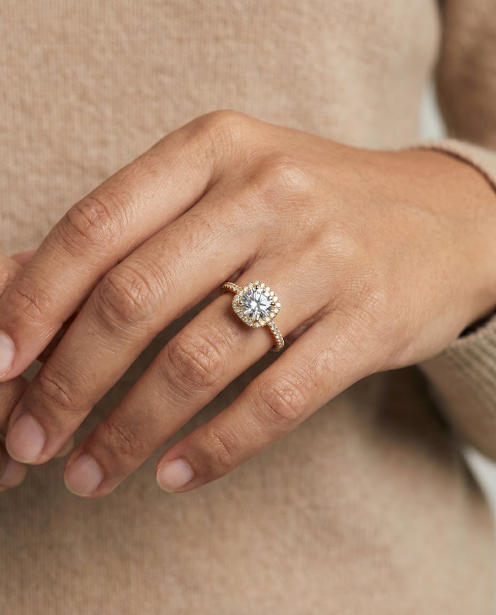 Round Brilliant, Pavé Halo, in 18K Yellow Gold, pave setting – lifestyle shot | RockHer