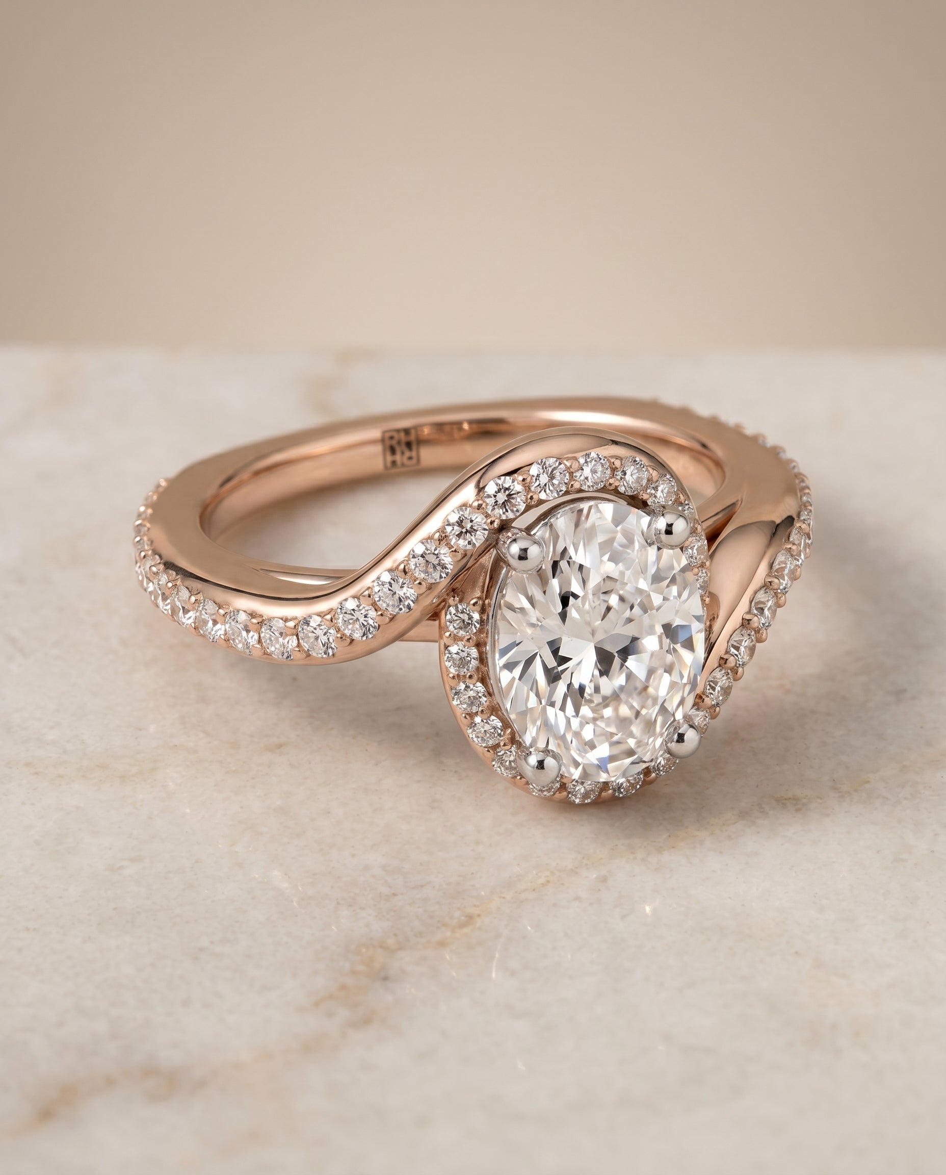 Pavé Swirl Halo Oval, in 14K Rose Gold, pave setting – angled view | RockHer