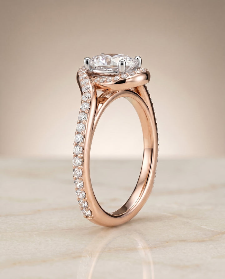 Pavé Swirl Halo Oval, in 14K Rose Gold, pave setting – front view | RockHer