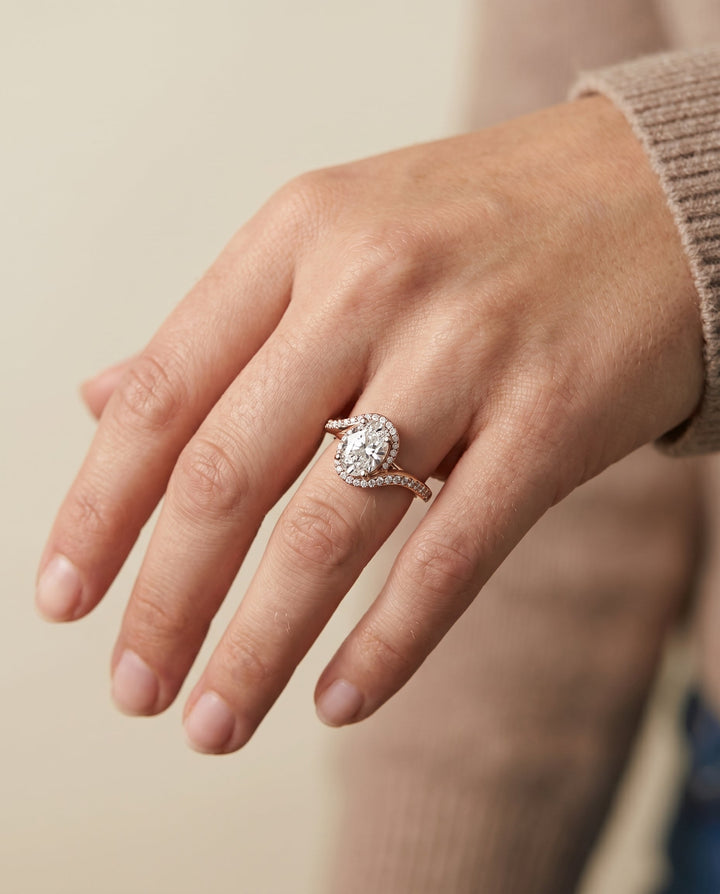 Pavé Swirl Halo Oval, in 14K Rose Gold, pave setting – lifestyle shot | RockHer