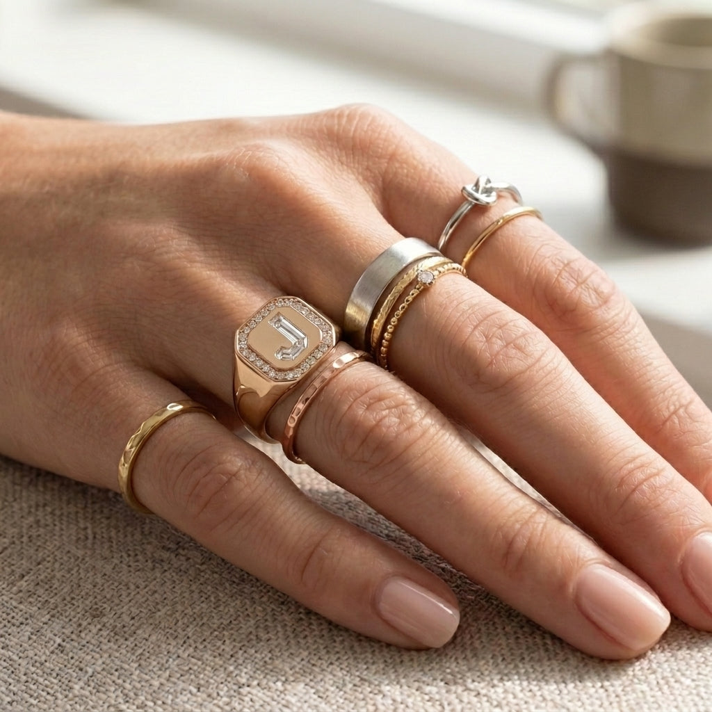 Women's Pavé Border lab-grown diamond letter signet ring in 14K Rose Gold, letter J, worn on hand