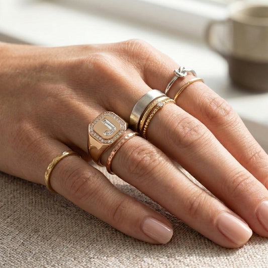 Women's Pavé Border lab-grown diamond letter signet ring in 14K Rose Gold, letter J, worn on hand