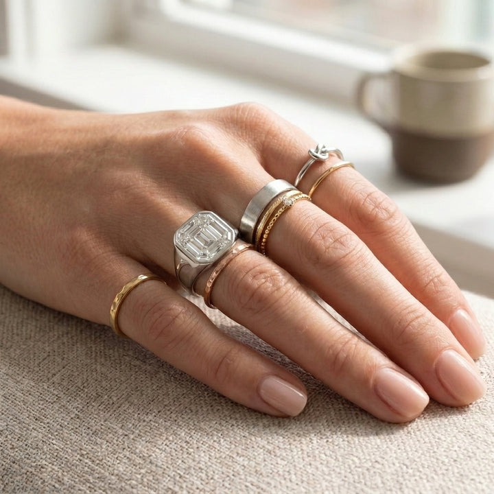 แหวนตราเพชรแล็บ ฝังปาเว่ ตัวเรือนทองคำขาว 14K จาก RockHer