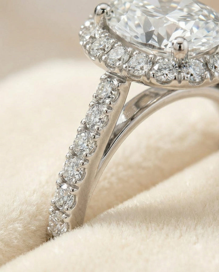 Petite French Pavé Halo Oval, in Platinum, pave setting – detail view | RockHer