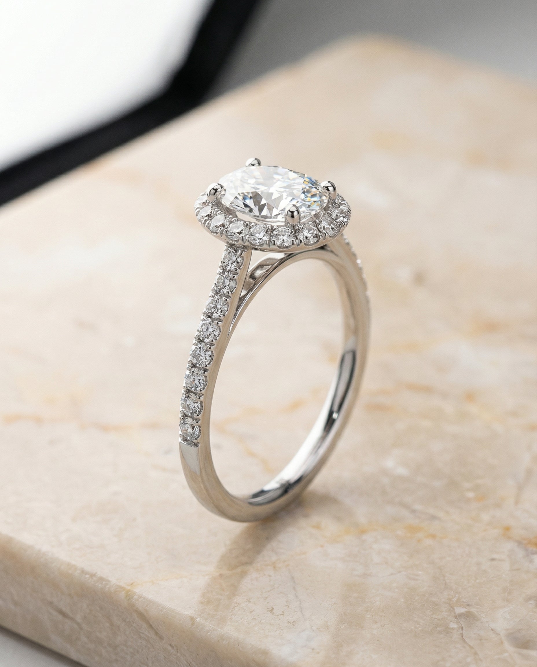 Petite French Pavé Halo Oval, in Platinum, pave setting – front view | RockHer
