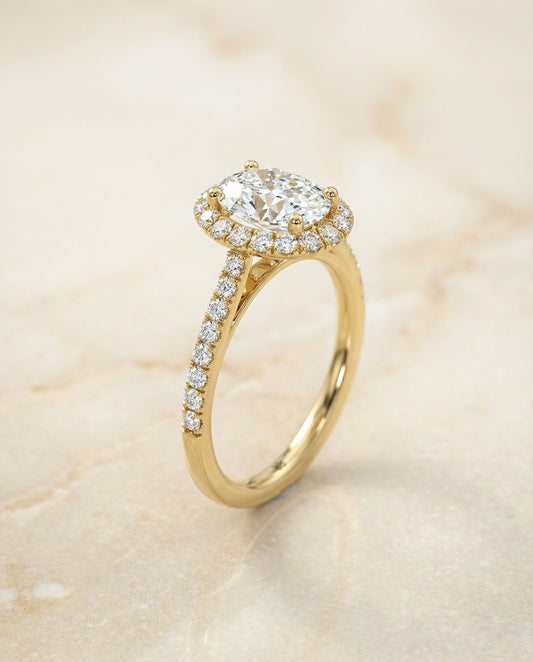 Petite French Pavé Halo Oval, in 18K Yellow Gold, pave setting – front view | RockHer