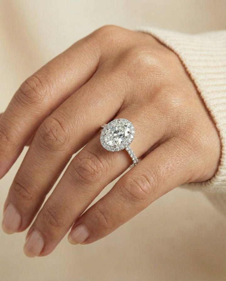 Petite French Pavé Halo Oval, in Platinum, pave setting – lifestyle shot | RockHer