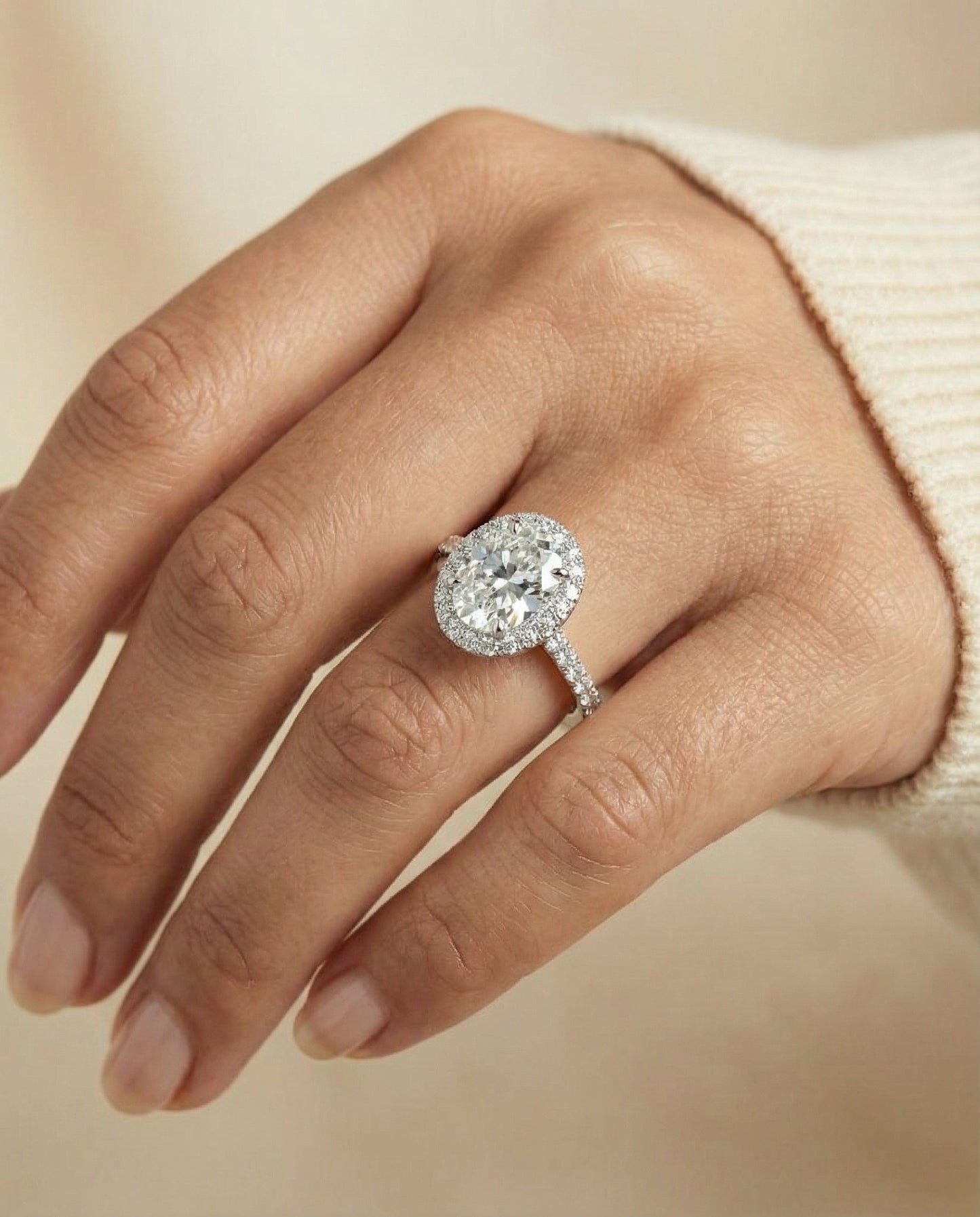 Dylan Select Petite French Pavé Halo Oval Engagement Ring, in Platinum, pave setting – lifestyle shot | RockHer