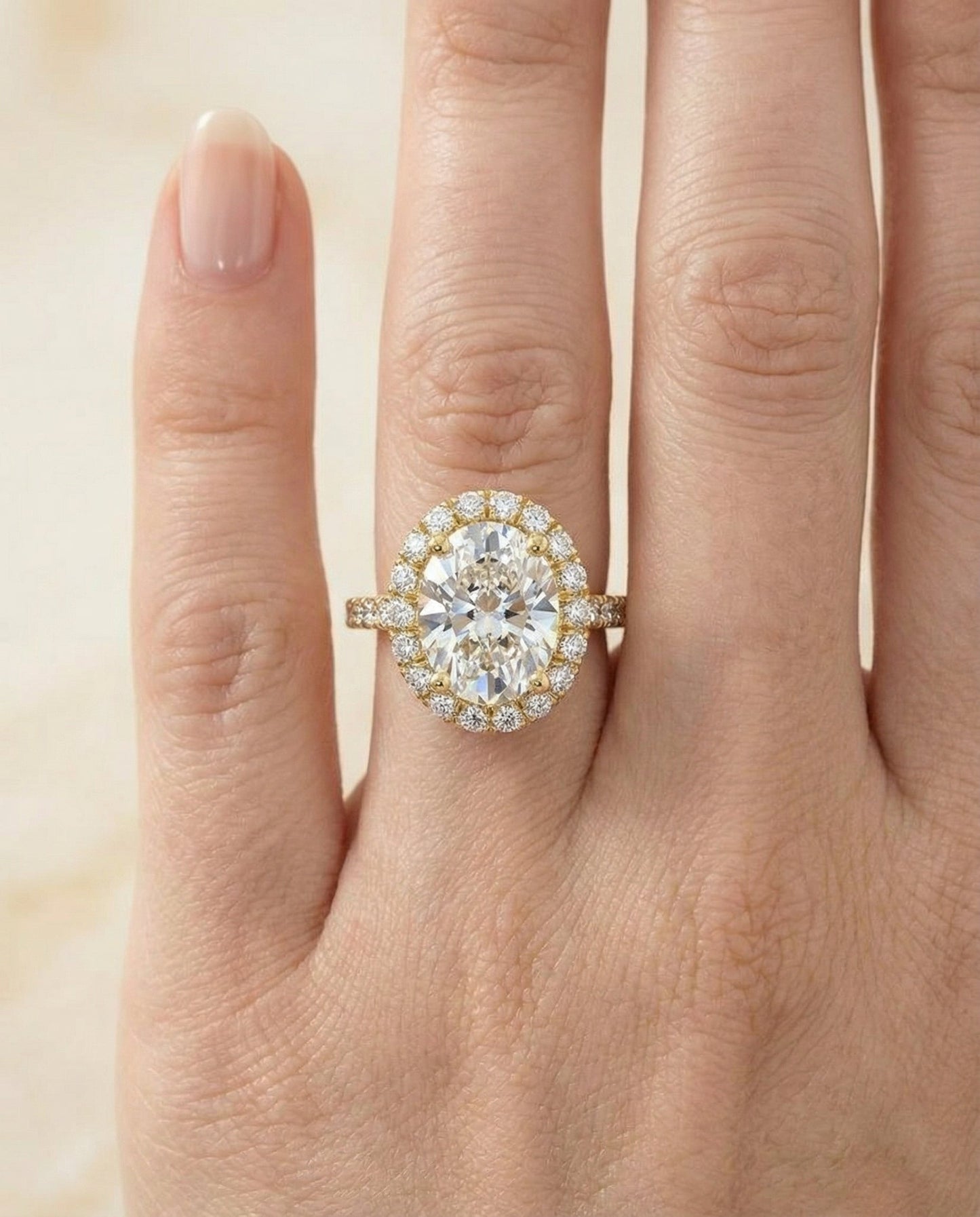 Petite French Pavé Halo Oval, in 18K Yellow Gold, pave setting – lifestyle shot | RockHer