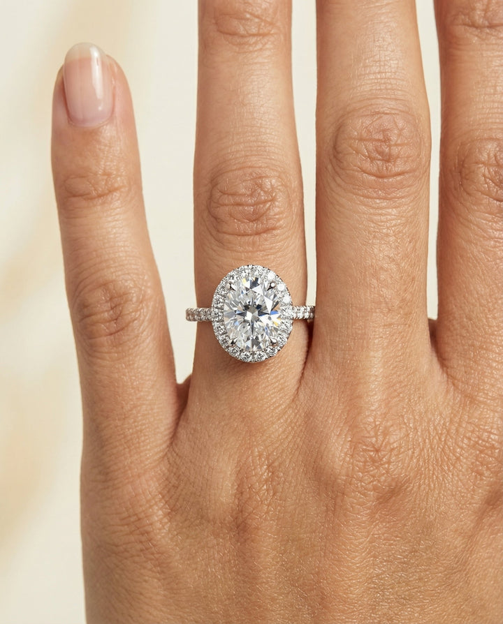 Petite French Pavé Halo Oval, in Platinum, pave setting – lifestyle shot | RockHer