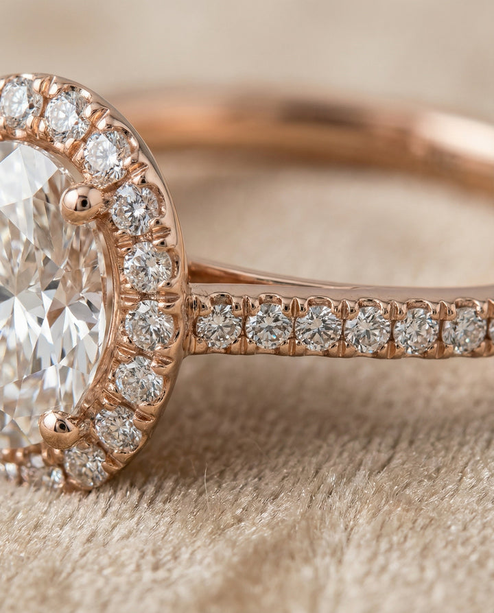 Dylan Select Petite French Pavé Halo Oval Engagement Ring, in 14K Rose Gold, pave setting – detail view | RockHer