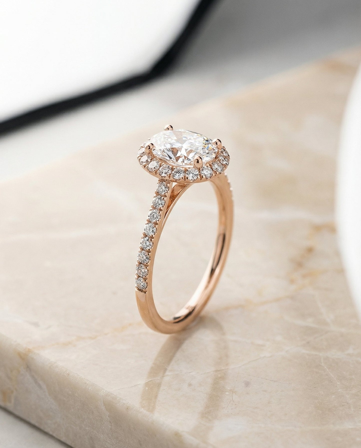 Petite French Pavé Halo Oval, in 14K Rose Gold, pave setting – front view | RockHer