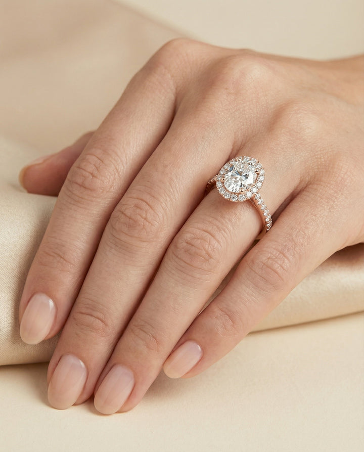 Petite French Pavé Halo Oval, in 14K Rose Gold, pave setting – lifestyle shot | RockHer