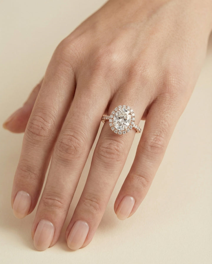 Petite French Pavé Halo Oval, in 14K Rose Gold, pave setting – lifestyle shot | RockHer