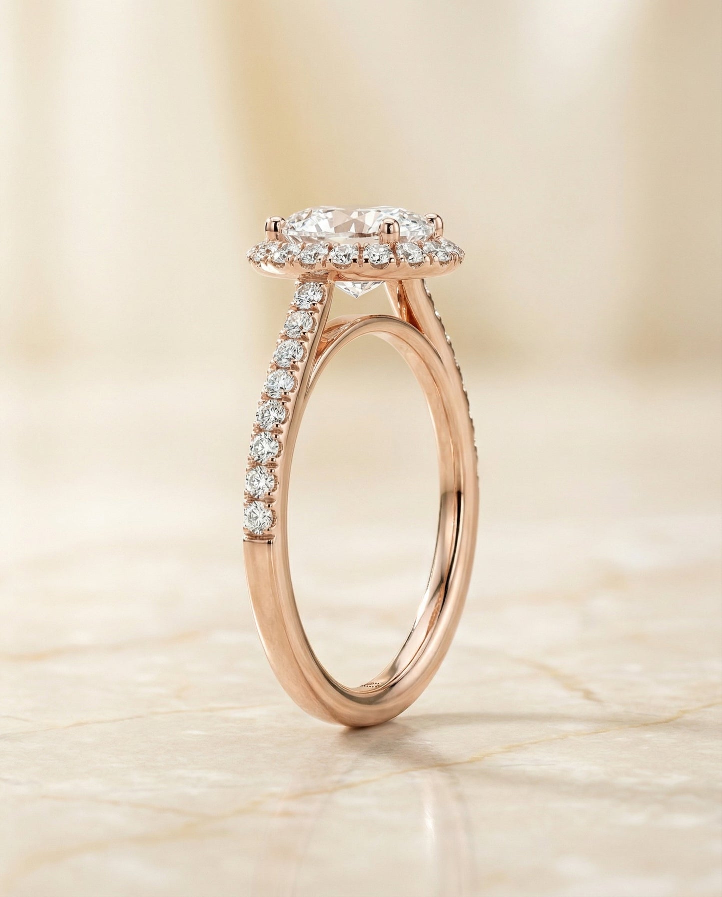 Dylan Select Petite French Pavé Halo Oval Engagement Ring, in 14K Rose Gold, pave setting – side profile | RockHer