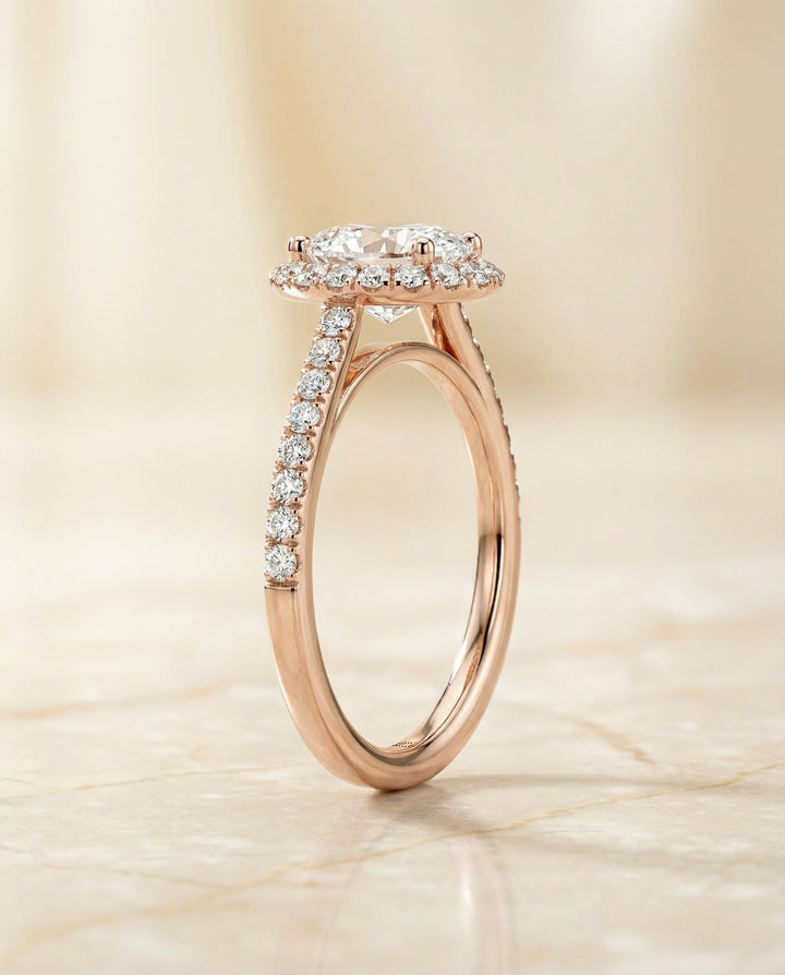 Dylan Select Petite French Pavé Halo Oval Engagement Ring, in 14K Rose Gold, pave setting – side profile | RockHer