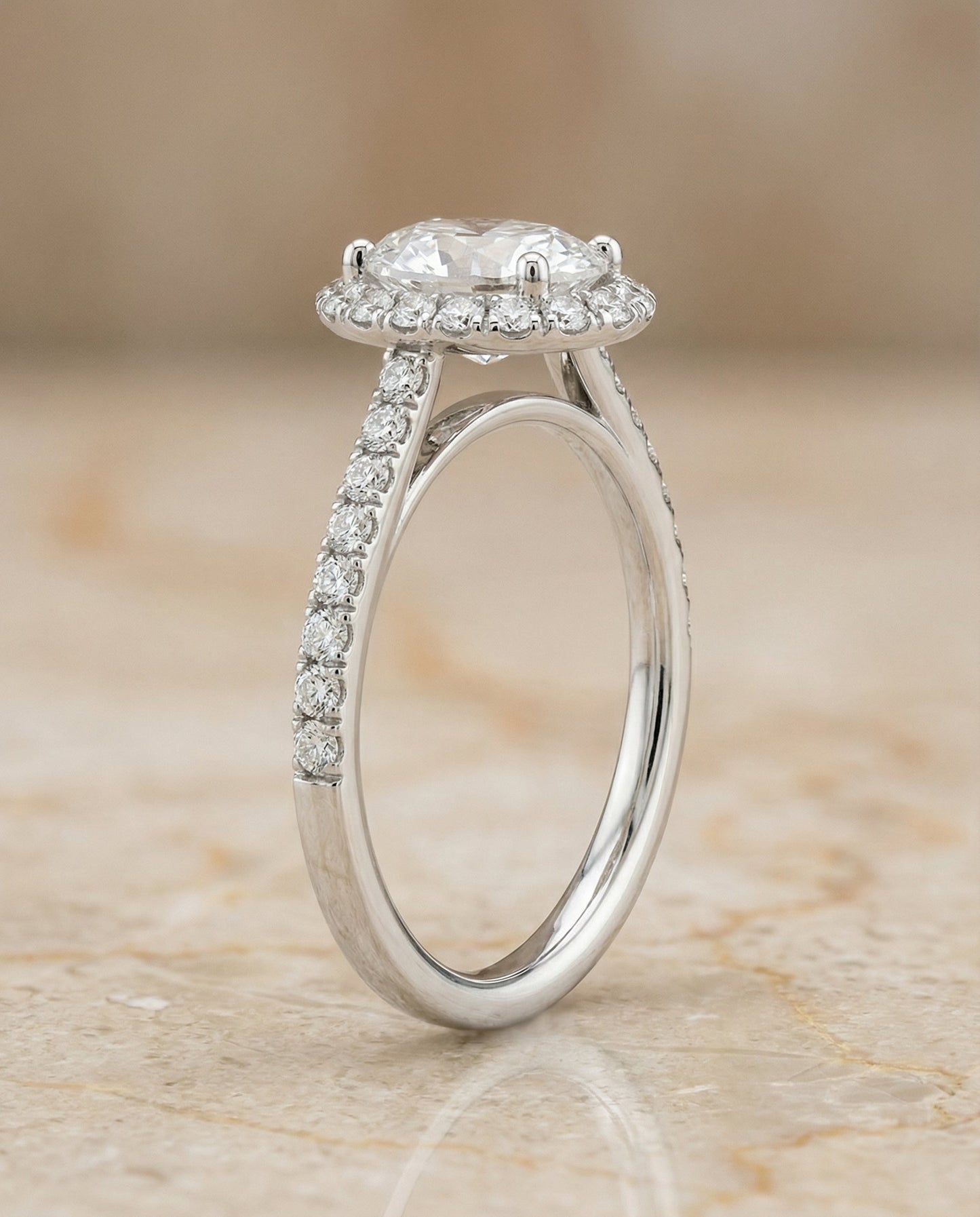 Dylan Select Petite French Pavé Halo Oval Engagement Ring, in 18K White Gold, pave setting – side profile | RockHer