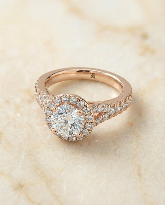 Round Brilliant, Petite Split Shank Halo, in 14K Rose Gold, pave setting – angled view | RockHer