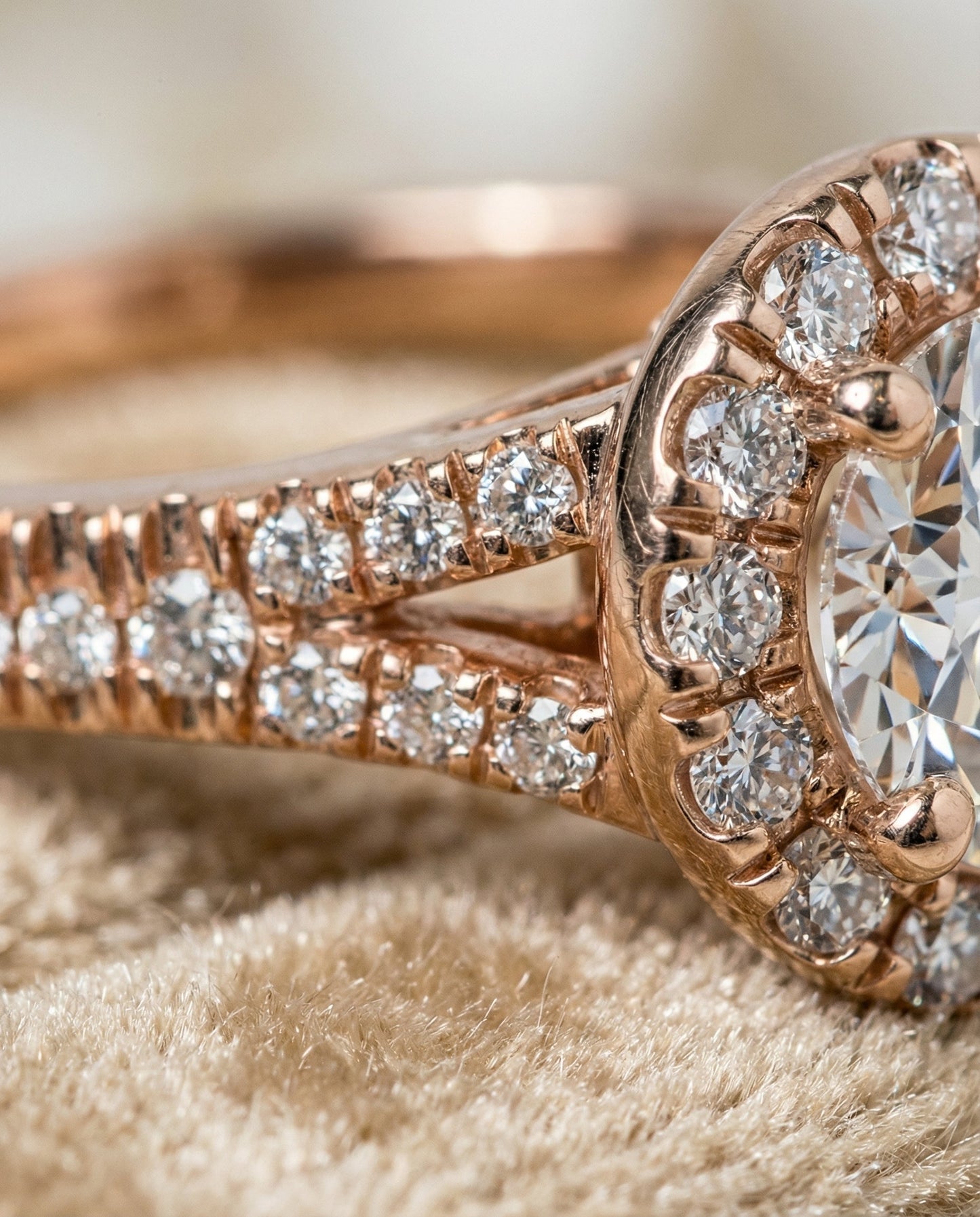 Round Brilliant, Petite Split Shank Halo, in 14K Rose Gold, pave setting – detail view | RockHer