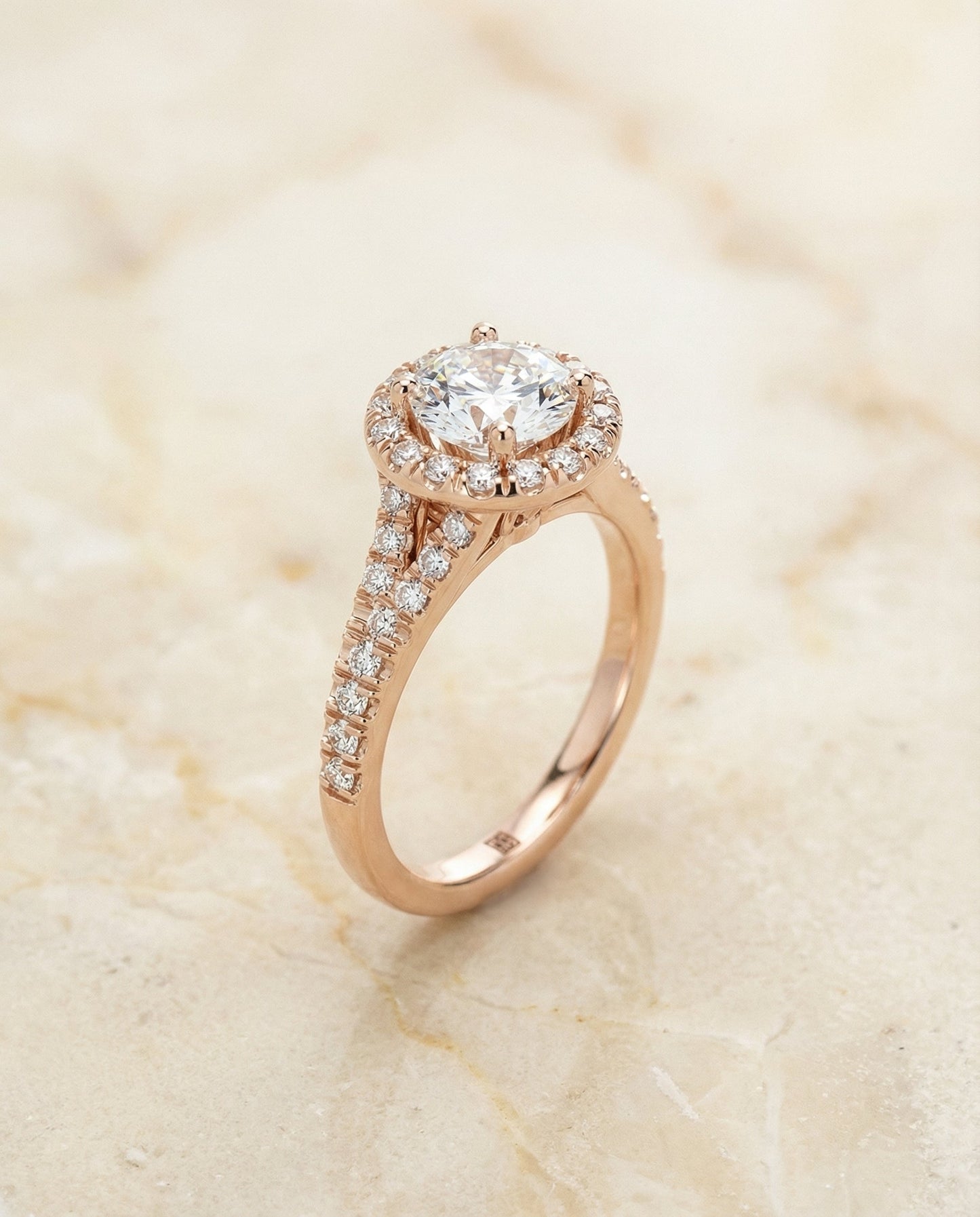 Round Brilliant, Petite Split Shank Halo, in 14K Rose Gold, pave setting – front view | RockHer
