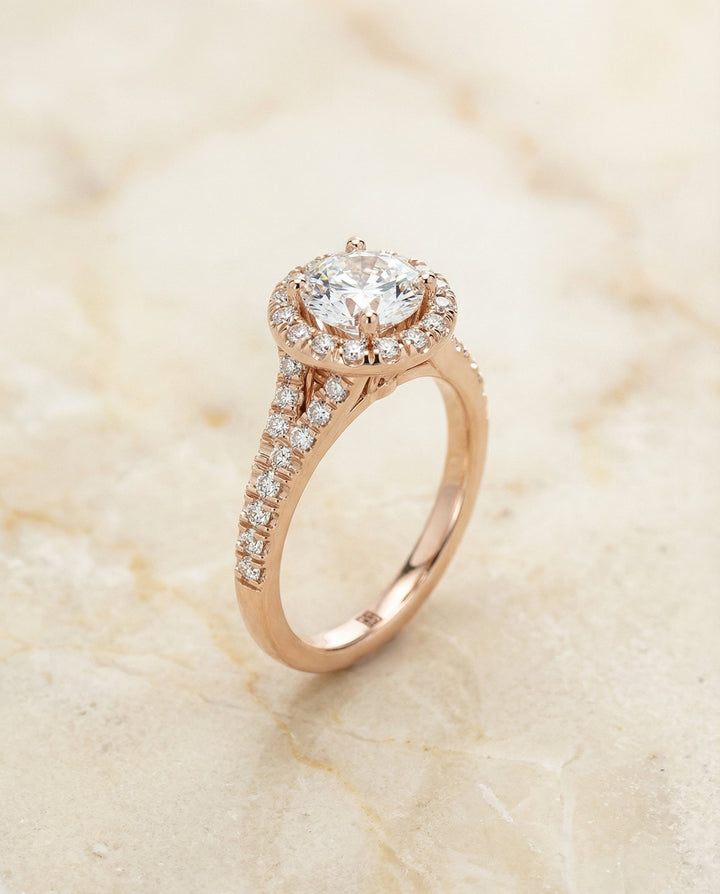 Round Brilliant, Petite Split Shank Halo, in 14K Rose Gold, pave setting – front view | RockHer
