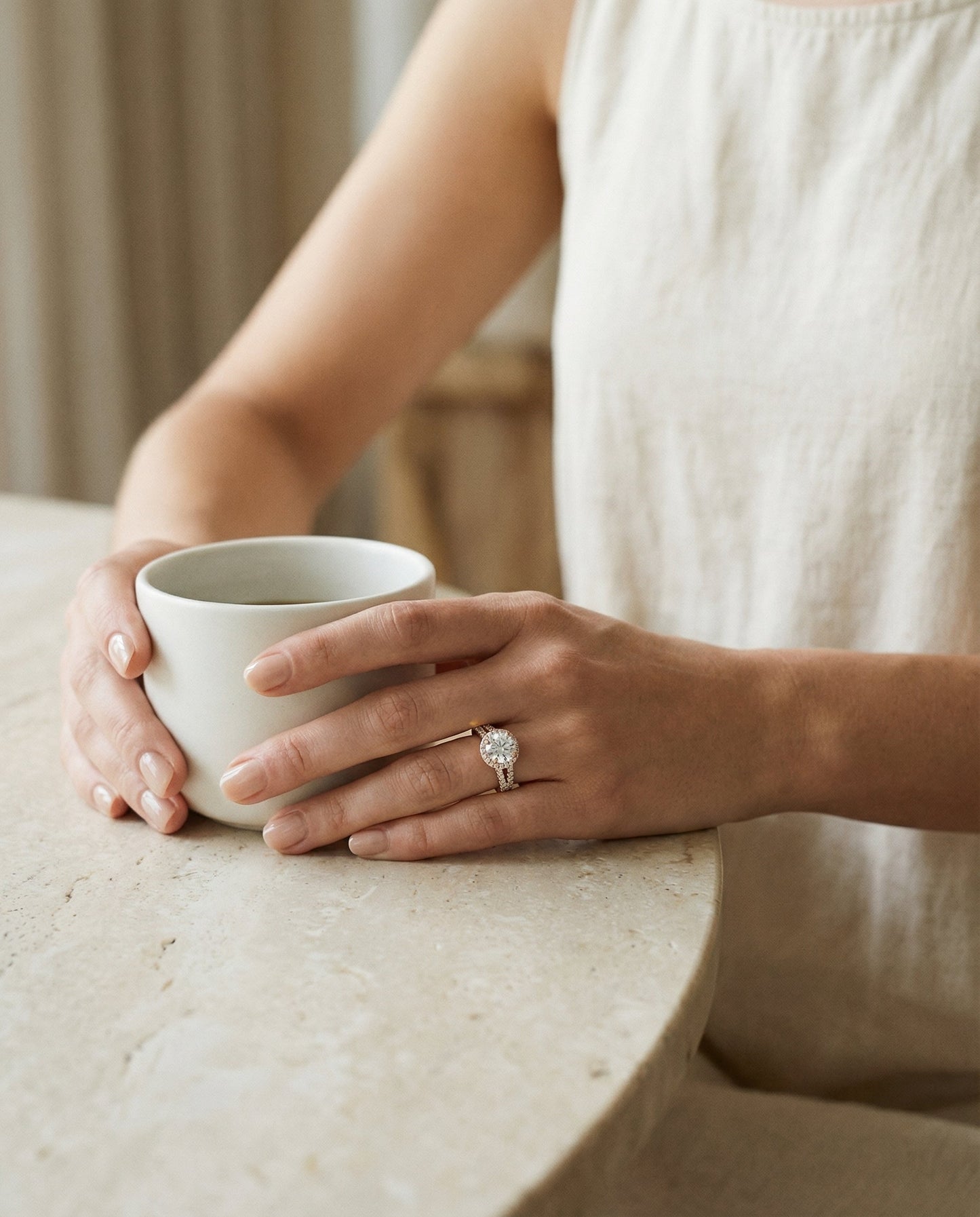 Round Brilliant, Petite Split Shank Halo, in 14K Rose Gold, pave setting – lifestyle shot | RockHer