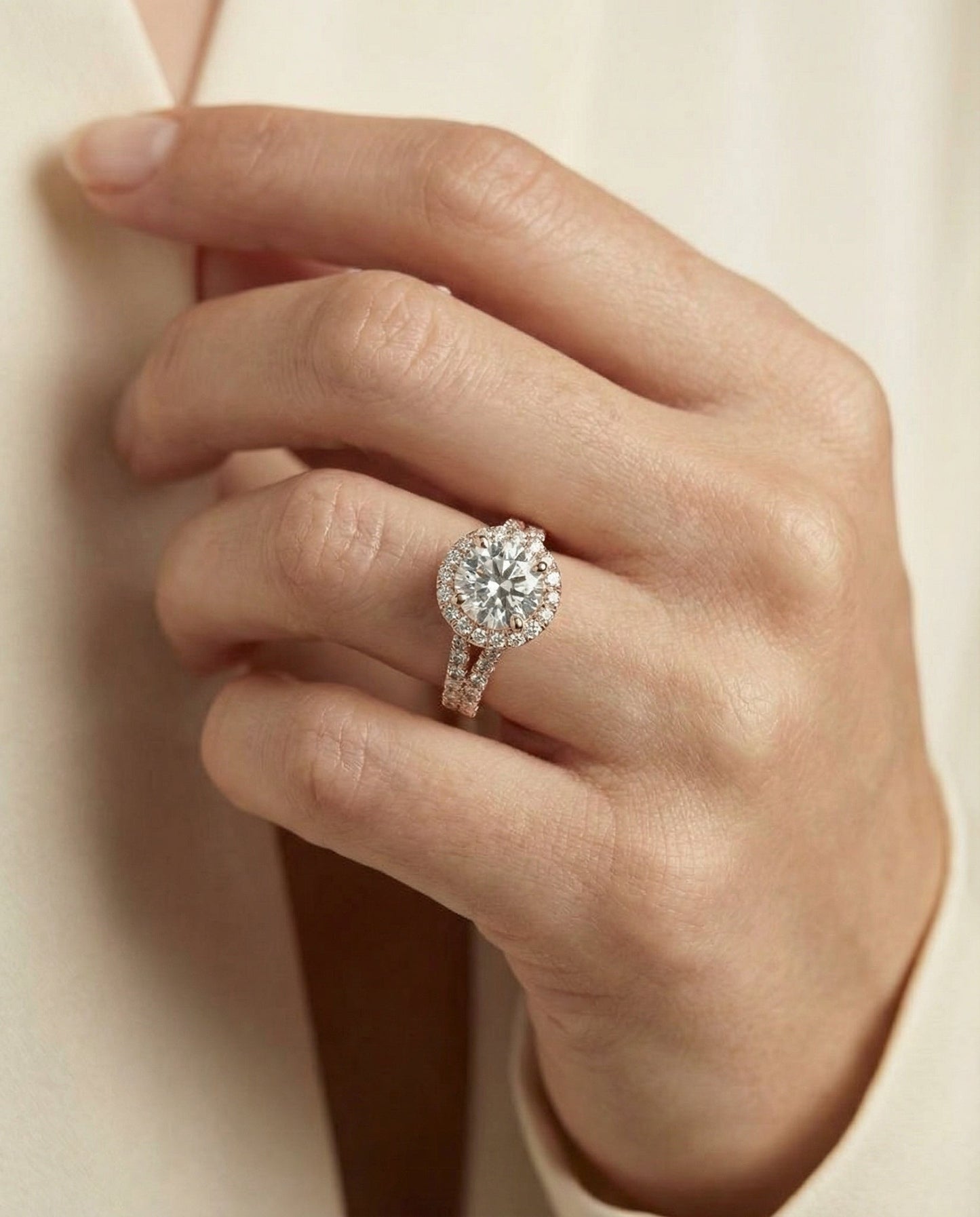 Round Brilliant, Petite Split Shank Halo, in 14K Rose Gold, pave setting – lifestyle shot | RockHer