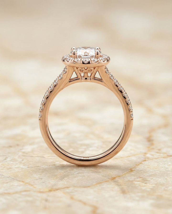 Round Brilliant, Petite Split Shank Halo, in 14K Rose Gold, pave setting – side profile | RockHer