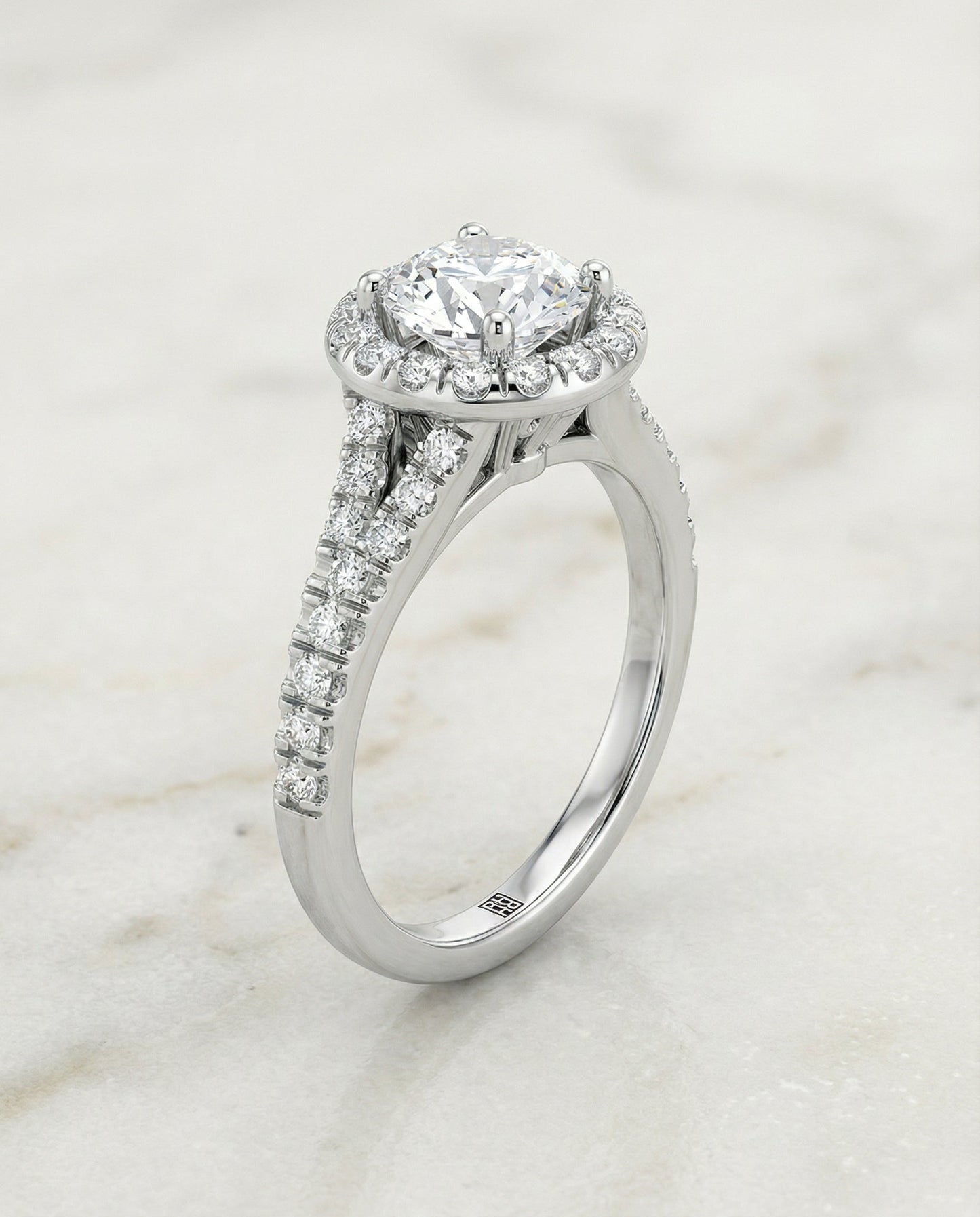 Round Brilliant, Petite Split Shank Halo, in Platinum, pave setting – front view | RockHer