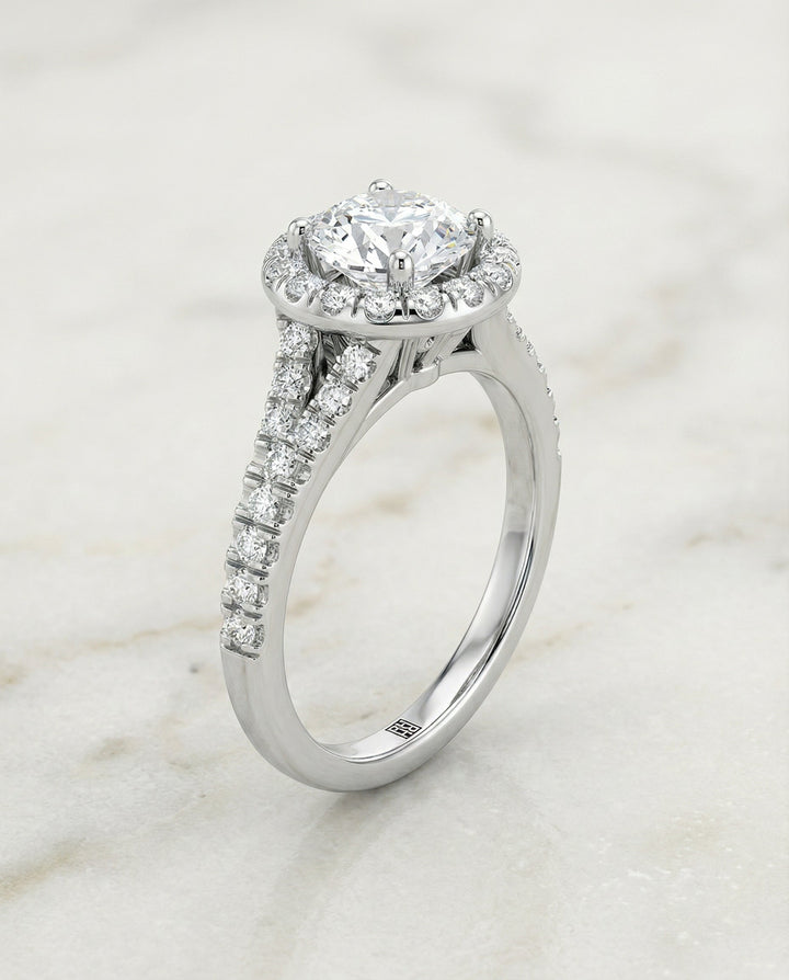 Round Brilliant, Petite Split Shank Halo, in Platinum, pave setting – front view | RockHer