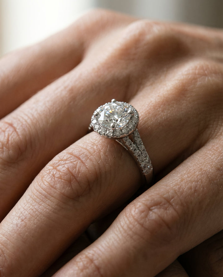 Round Brilliant, Petite Split Shank Halo, in Platinum, pave setting – lifestyle shot | RockHer