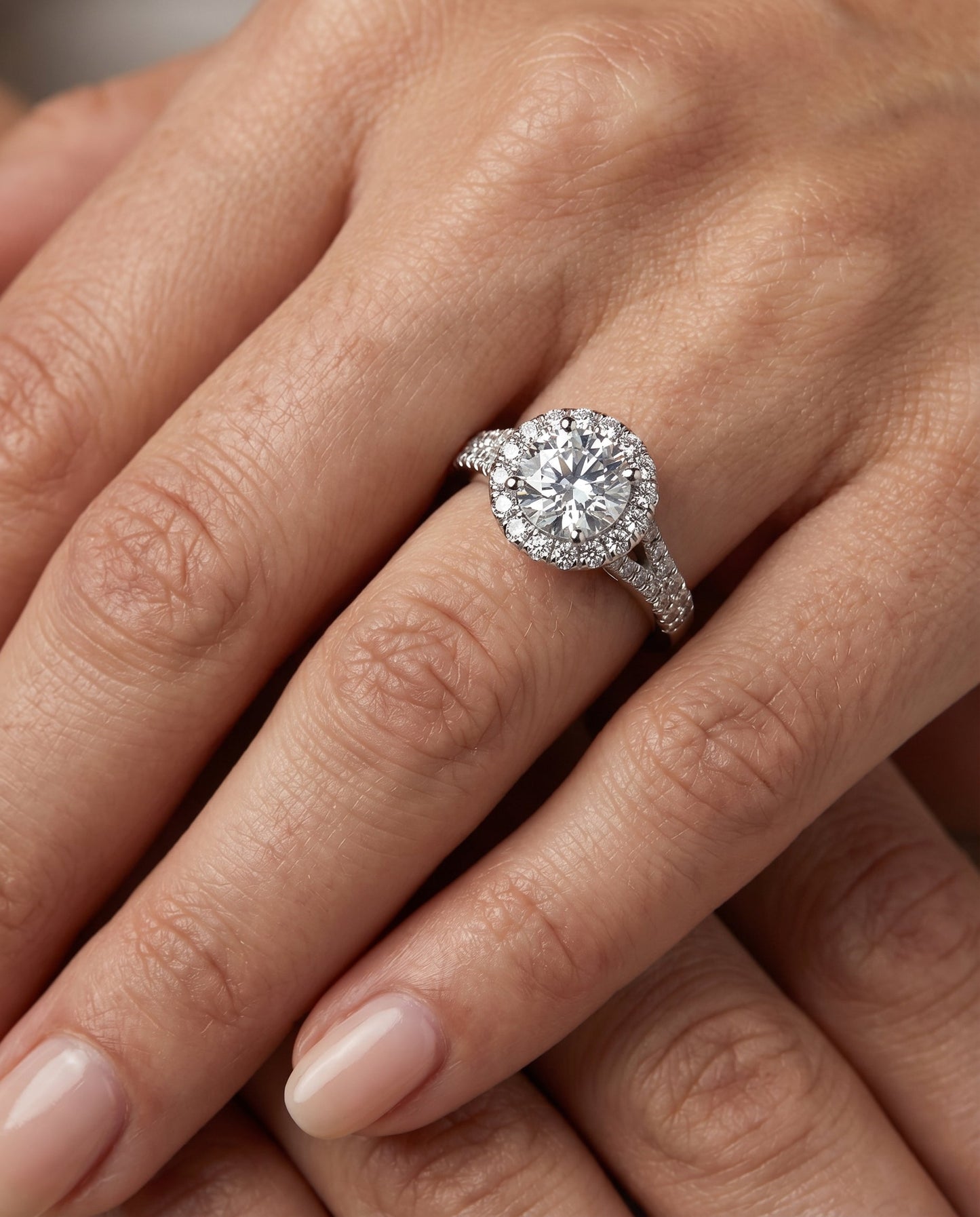 Round Brilliant, Petite Split Shank Halo, in Platinum, pave setting – lifestyle shot | RockHer