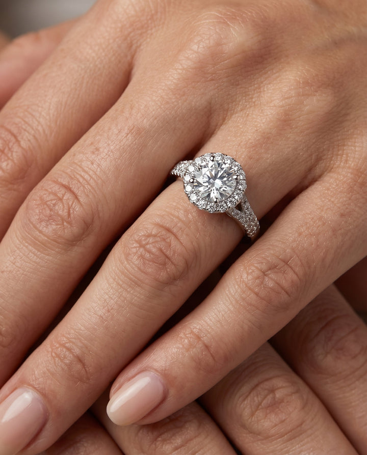 Round Brilliant, Petite Split Shank Halo, in Platinum, pave setting – lifestyle shot | RockHer