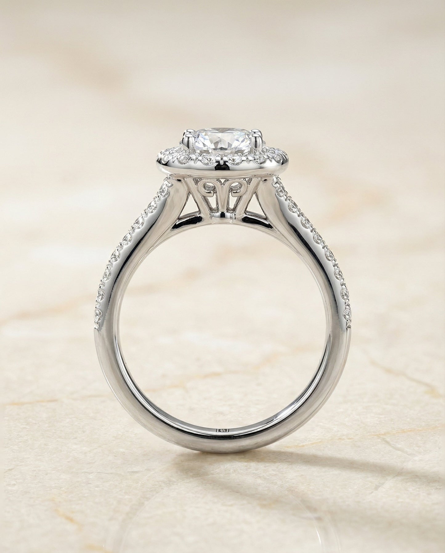 Round Brilliant, Petite Split Shank Halo, in Platinum, pave setting – side profile | RockHer