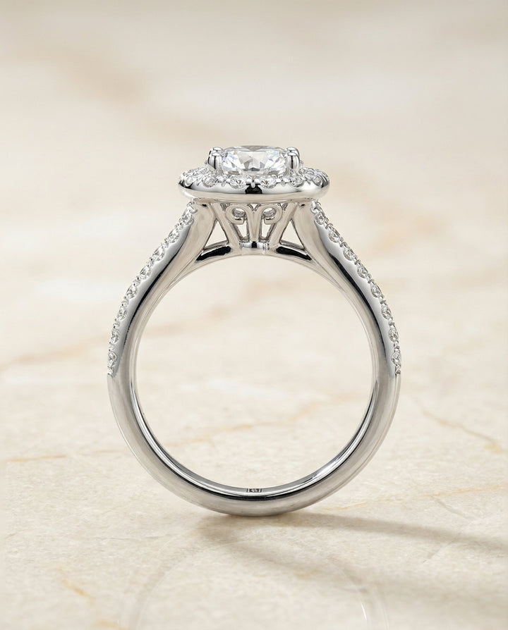 Round Brilliant, Petite Split Shank Halo, in Platinum, pave setting – side profile | RockHer