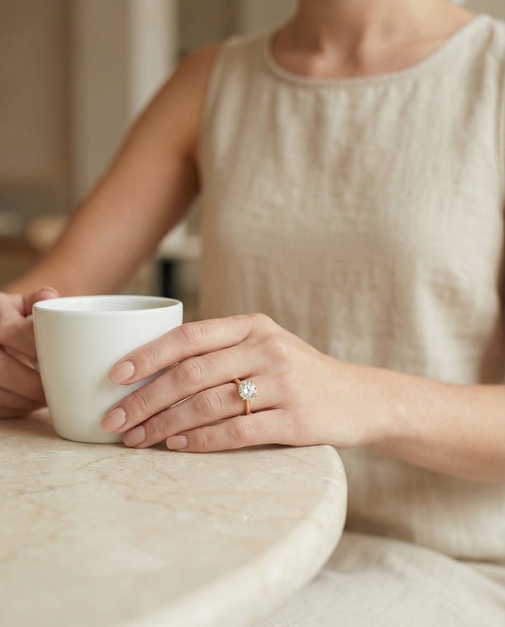 Round Brilliant, Pinched Cathedral Solitaire, in 18K Yellow Gold, prong setting – lifestyle shot | RockHer